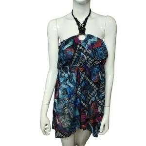 Women's Large Y2K Top-No Boundaries Colorful Halter Blouse-Beaded Satin Rope Tie